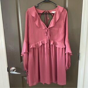 Gianni Bini GB Ruffle Long Sleeve chiffon  v neck Mauve Mini Dress Size L